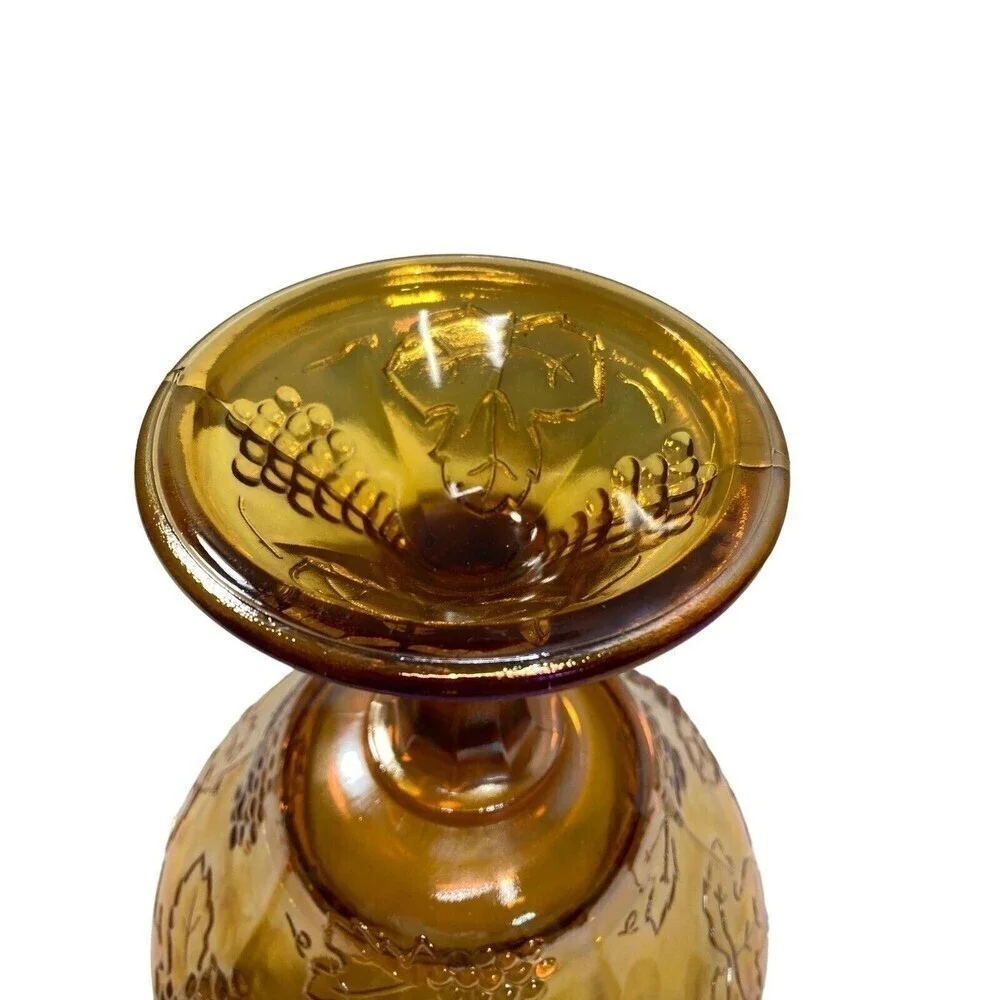 Vintage Amber Marigold CARNIVAL GLASS‎ Compote Pedestal BOWL Iridescent Grapes